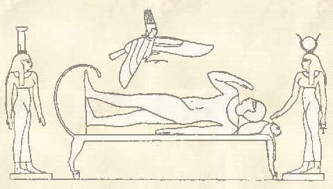 Osiris on his lion couch with Amen-Re as  Ba bird alighting upon him